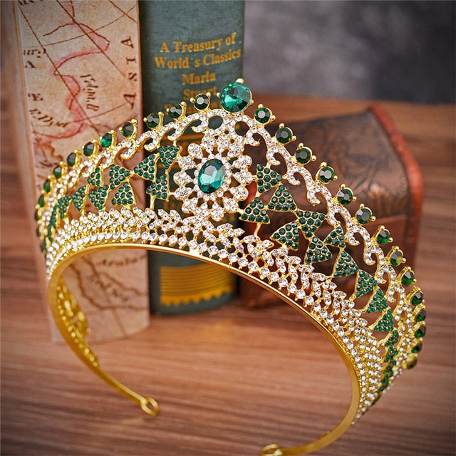 Large Baroque Vintage Royal Crystal Crown Gold Bridal Headband - TulleLux Bridal Crowns &  Accessories 