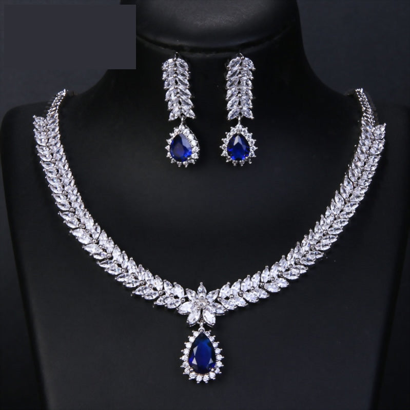 Luxury AAA Cubic Zircon 4 Colors Water Drop Wedding Earring Necklace Jewelry Sets