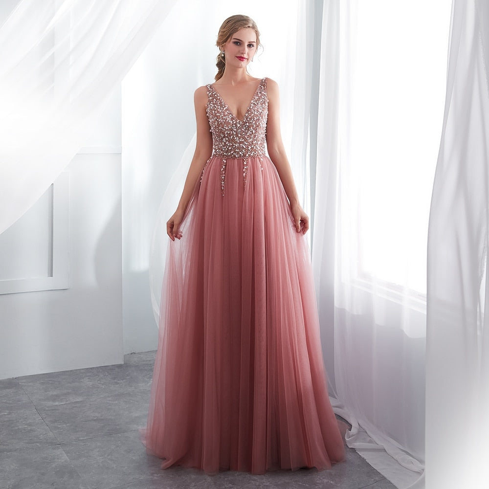 Beaded Prom Dress with High Split Tulle Sweep Train in Many Colors - TulleLux Bridal Crowns &  Accessories 