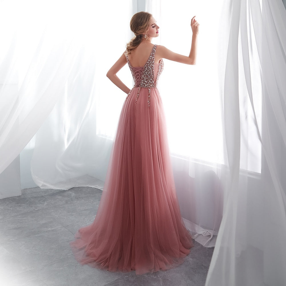 Beaded Prom Dress with High Split Tulle Sweep Train in Many Colors - TulleLux Bridal Crowns &  Accessories 