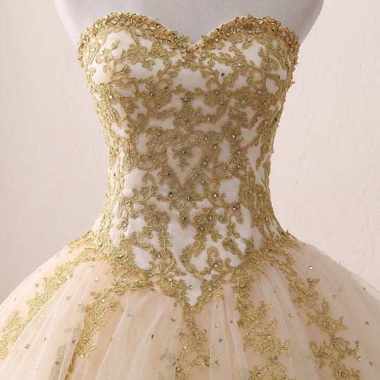 Load image into Gallery viewer, Gold Princess Ball Gown Quinceañera Lace Appliques Beaded Ball Gown - TulleLux Bridal Crowns &amp;amp;  Accessories 

