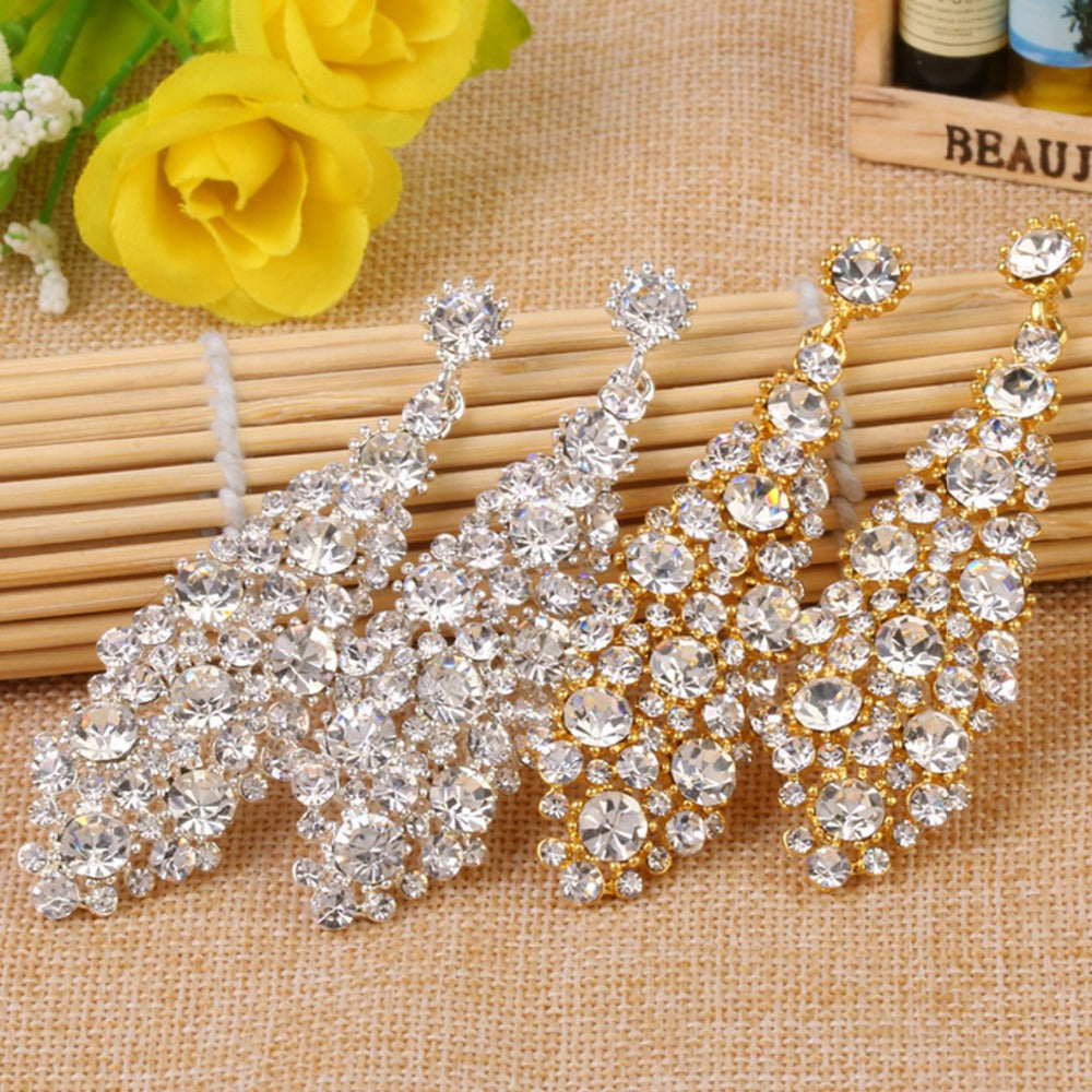 Crystal Long Drop Wedding Jewelry in Silver or Gold - TulleLux Bridal Crowns &  Accessories 