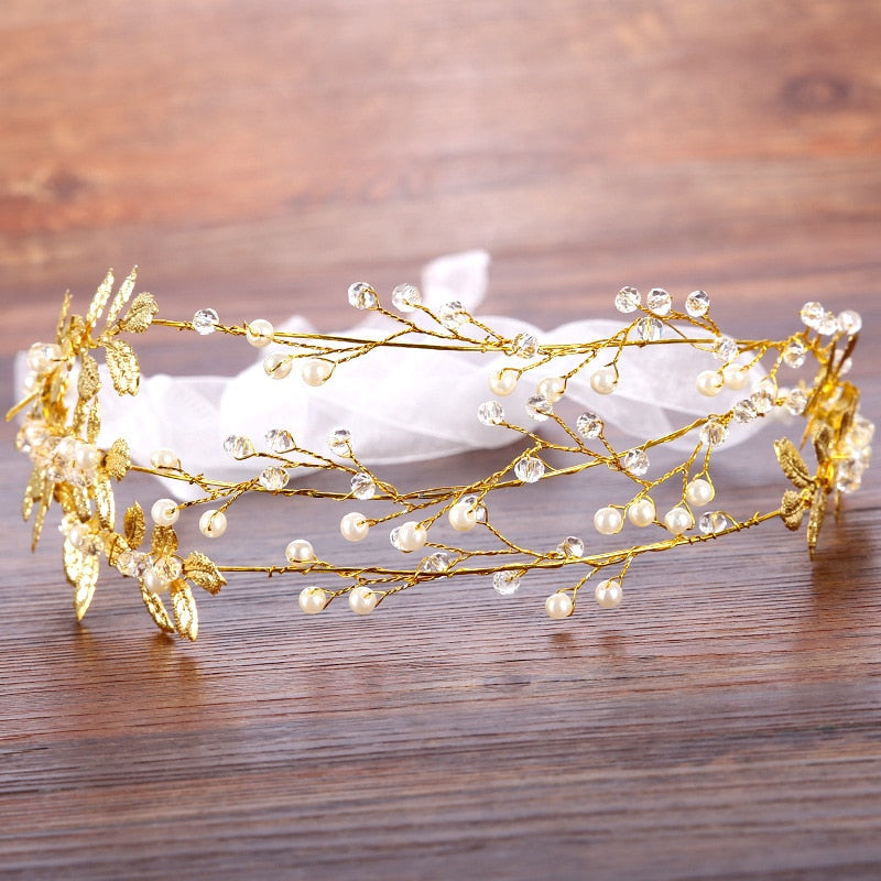Romantic Handmade Ribbon Gold Leaves Crystal Pearl Headband Wedding Bridal Headband - TulleLux Bridal Crowns &  Accessories 