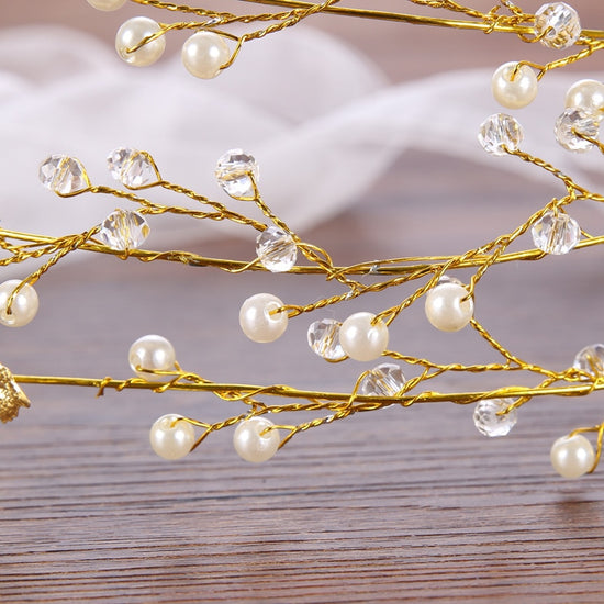 Romantic Handmade Ribbon Gold Leaves Crystal Pearl Headband Wedding Bridal Headband - TulleLux Bridal Crowns &  Accessories 