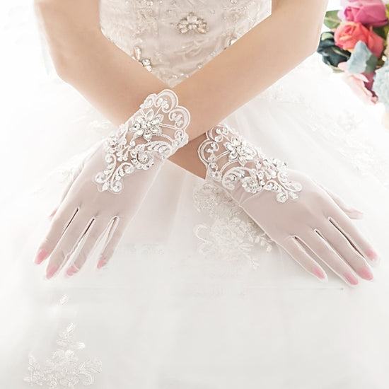 Elegant  Short Crystal Bridal Gloves Lace Appliqued Beaded - TulleLux Bridal Crowns &  Accessories 