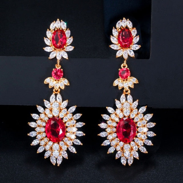 Gold Red Cubic Zirconia Vintage Long Drop Earrings - TulleLux Bridal Crowns &  Accessories 
