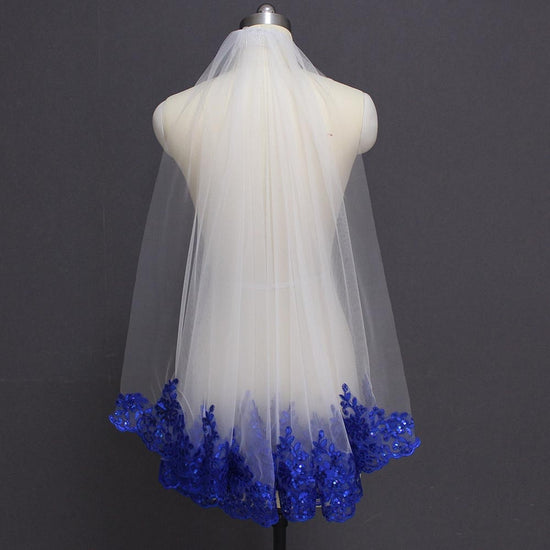 Royal Blue Sequined Lace White Ivory Bridal One Layer Wedding Veil with Comb