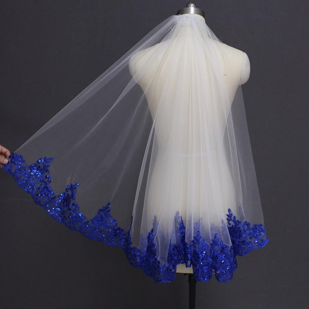 
                      
                        Royal Blue Sequined Lace White Ivory Bridal One Layer Wedding Veil with Comb
                      
                    