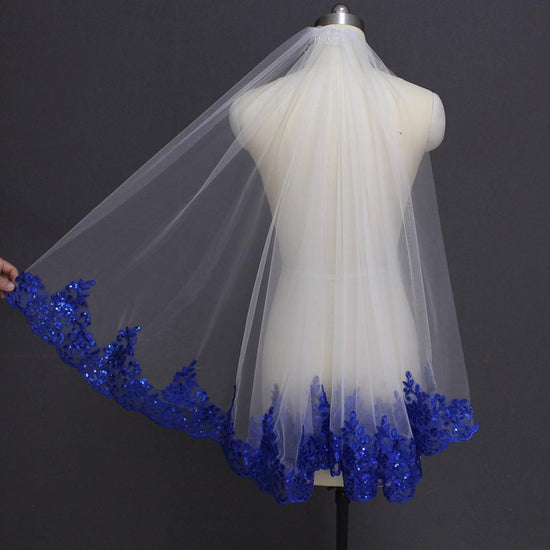Load image into Gallery viewer, Royal Blue Sequined Lace White Ivory Bridal One Layer Wedding Veil with Comb
