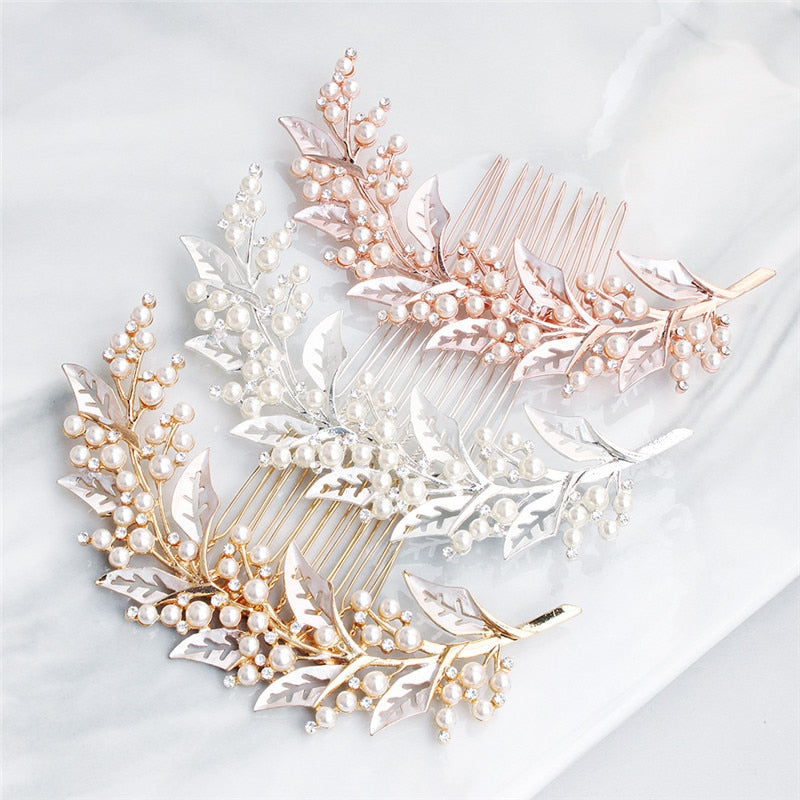 
                      
                        Bridal Hair Accessories Silver/Gold/Rose Gold Wedding Hair Comb with Pearl Beaded Leaves Hair Jewelry - TulleLux Bridal Crowns &  Accessories 
                      
                    