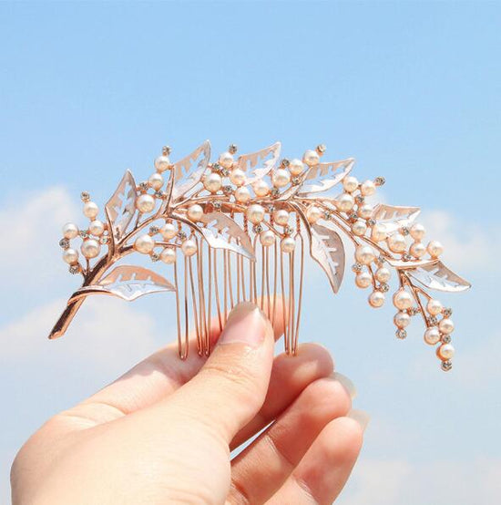 Load image into Gallery viewer, Bridal Hair Accessories Silver/Gold/Rose Gold Wedding Hair Comb with Pearl Beaded Leaves Hair Jewelry - TulleLux Bridal Crowns &amp;amp;  Accessories 
