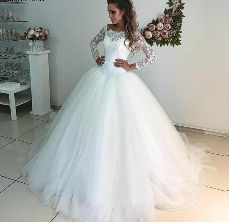 Load image into Gallery viewer, Long Sleeve Lace &amp;amp; Tulle Bridal Wedding Dress, + Sizes Available - TulleLux Bridal Crowns &amp;amp;  Accessories 
