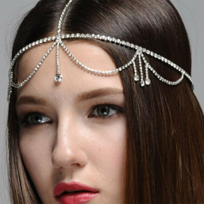 Unsutuo Rhinestone Head Chain Wedding Head Chain Jewelry Gold Forehead Hair  Jewelry Bohemian Headbands Crystal Wedding Headpiece for Women and Girls  (Gold)
