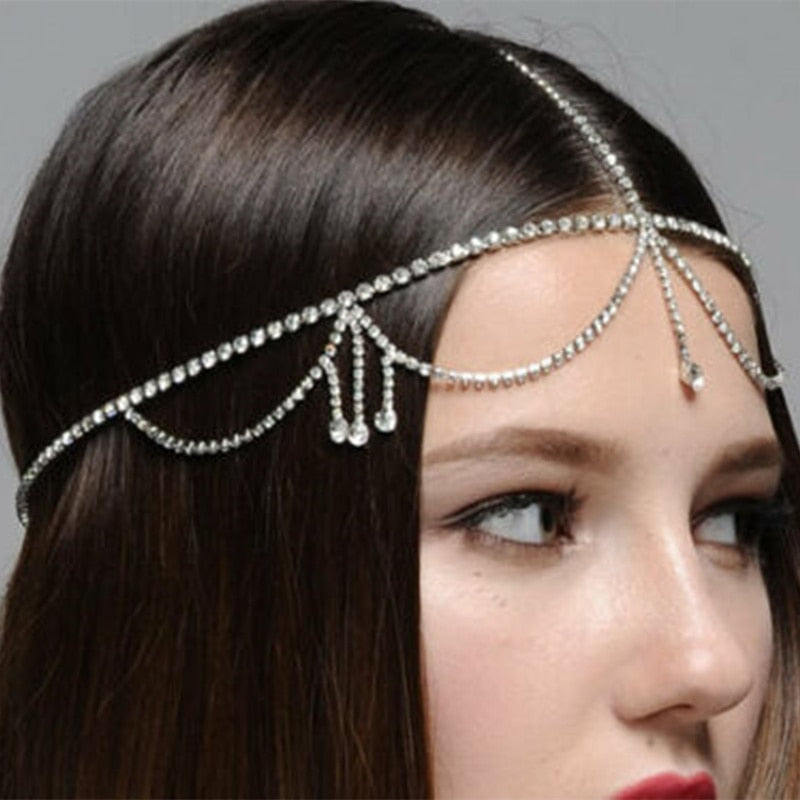 Boho Bridal Head Chain Jewelry Crystal Forehead Hair Wedding Accessory - TulleLux Bridal Crowns &  Accessories 