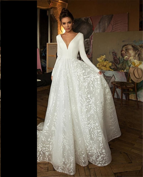 Lace Wedding Dresses  Long Sleeve V-neck Boho Bridal Gowns Satin Backless White - TulleLux Bridal Crowns &  Accessories 