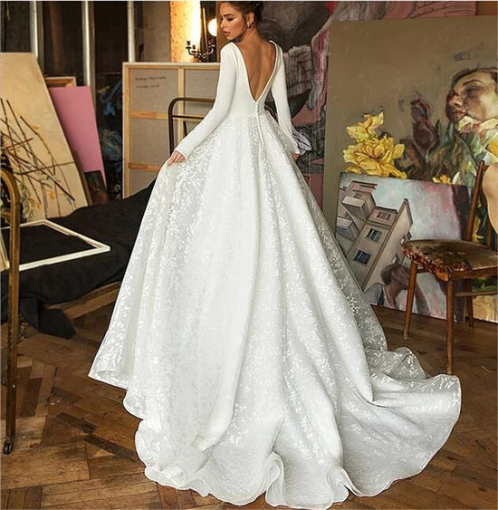 Lace Wedding Dresses  Long Sleeve V-neck Boho Bridal Gowns Satin Backless White - TulleLux Bridal Crowns &  Accessories 