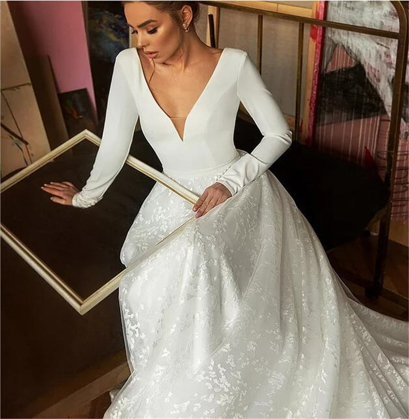 Lace Wedding Dresses  Long Sleeve V-neck Boho Bridal Gowns Satin Backless White - TulleLux Bridal Crowns &  Accessories 