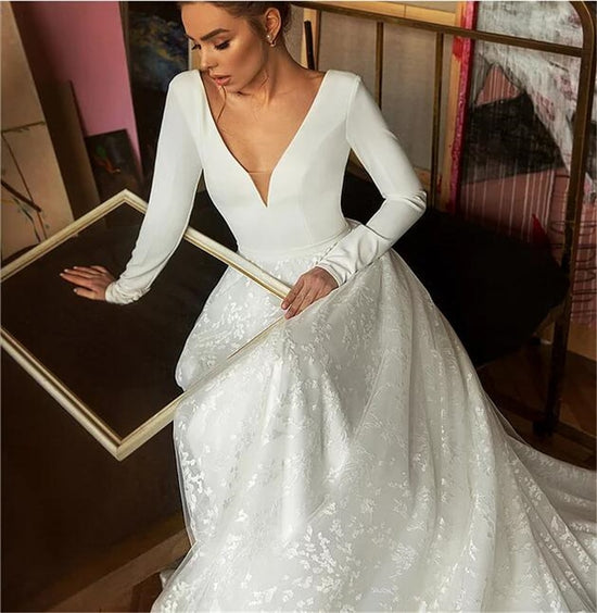 Lace Wedding Dresses  Long Sleeve V-neck Boho Bridal Gowns Satin Backless White - TulleLux Bridal Crowns &  Accessories 