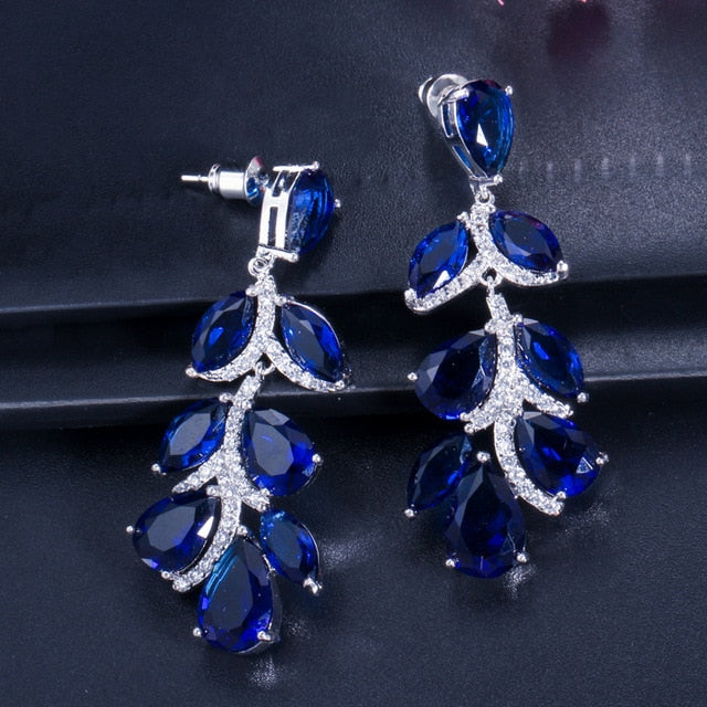 Load image into Gallery viewer, Royal Blue Crystal Long Leaf Dangle Earrings - TulleLux Bridal Crowns &amp;amp;  Accessories 
