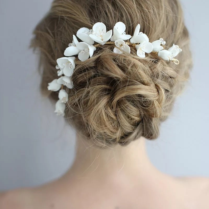 Load image into Gallery viewer, Porcelain Flower Bridal Long Hair Comb Handmade - TulleLux Bridal Crowns &amp;amp;  Accessories 
