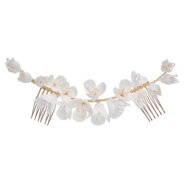 Porcelain Flower Bridal Long Hair Comb Handmade - TulleLux Bridal Crowns &  Accessories 