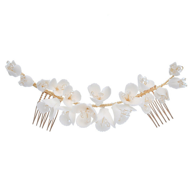 Load image into Gallery viewer, Porcelain Flower Bridal Long Hair Comb Handmade - TulleLux Bridal Crowns &amp;amp;  Accessories 
