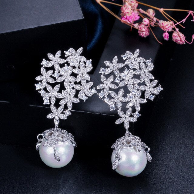 Load image into Gallery viewer, White Cubic Zirconia Elegant Bridal Big Flower Drop Pearl Earrings - TulleLux Bridal Crowns &amp;amp;  Accessories 
