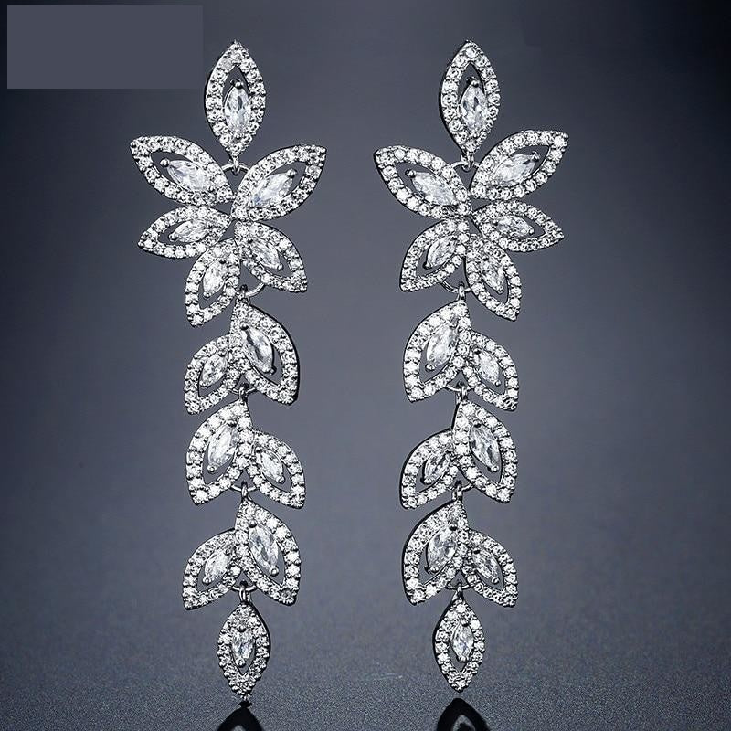 Vintage Cubic Zirconia Marquise Cut Leaves Bridal Jewelry Dangle Earrings - TulleLux Bridal Crowns &  Accessories 