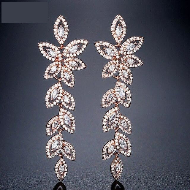 Vintage Cubic Zirconia Marquise Cut Leaves Bridal Jewelry Dangle Earrings - TulleLux Bridal Crowns &  Accessories 