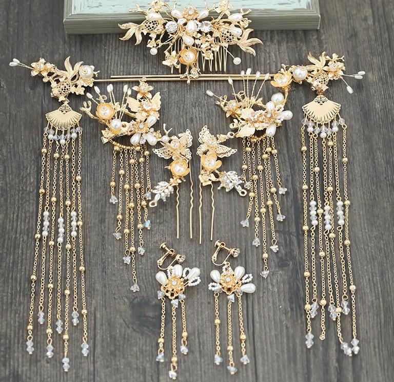 Load image into Gallery viewer, Luxury Chinese Bridal Headband Costume Gold Fan Hairpin Pearls Wedding Crown Long Tassel - TulleLux Bridal Crowns &amp;amp;  Accessories 
