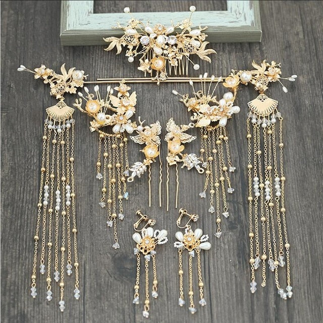 
                      
                        Luxury Chinese Bridal Headband Costume Gold Fan Hairpin Pearls Wedding Crown Long Tassel - TulleLux Bridal Crowns &  Accessories 
                      
                    