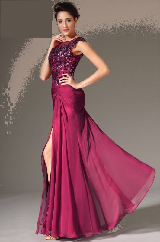 Appliqued Formal Party Gown Front Slit Chiffon Evening Dress - TulleLux Bridal Crowns &  Accessories 