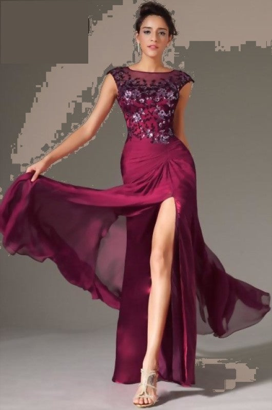 Appliqued Formal Party Gown Front Slit Chiffon Evening Dress - TulleLux Bridal Crowns &  Accessories 