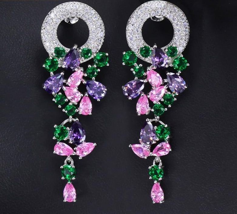 Cubic Zirconia Fashion Long Dangle Drop Multicolored CZ Earrings - TulleLux Bridal Crowns &  Accessories 