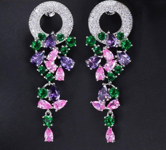 Load image into Gallery viewer, Cubic Zirconia Fashion Long Dangle Drop Multicolored CZ Earrings - TulleLux Bridal Crowns &amp;amp;  Accessories 
