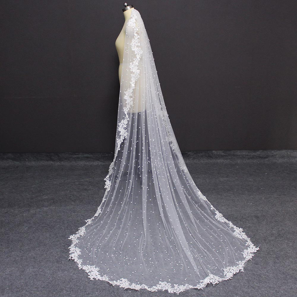 Wedding Baroque Faux Pearl Veil Accessory Long Veils with Comb, Hair Brush 1 Tier Bride Veil Lace Edge Tulle Veils Accessories,Temu