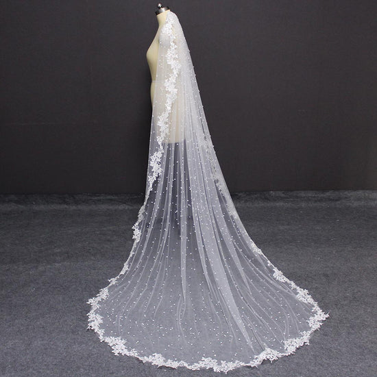 Romantic  Pearl Beaded Lace Edge Bridal Wedding Veil with Hair Comb - TulleLux Bridal Crowns &  Accessories 
