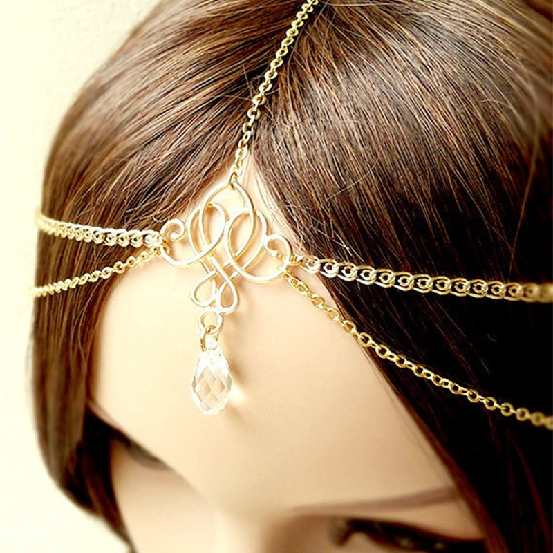 Simple Tassel Pearl Water Drop Gold Bijoux Bridal Crystal Head Chain - TulleLux Bridal Crowns &  Accessories 