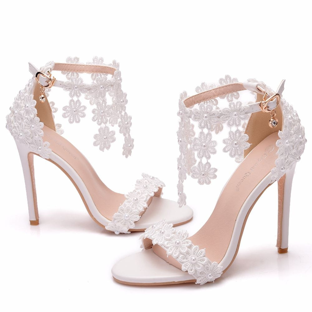 Ankle Strap White Lace Flowers Pearl Tassel Fine High Heels - TulleLux Bridal Crowns &  Accessories 