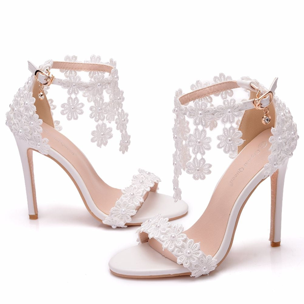 Ankle Strap White Lace Flowers Pearl Tassel Fine High Heels – TulleLux ...
