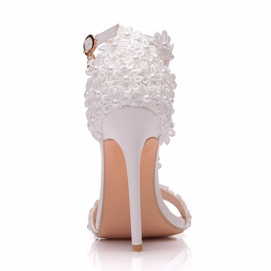 Ankle Strap White Lace Flowers Pearl Tassel Fine High Heels - TulleLux Bridal Crowns &  Accessories 