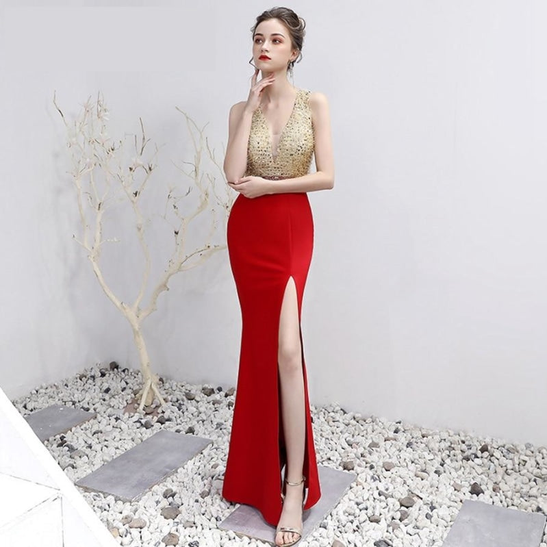 V-Neck Floor-Length Trumpet / Mermaid Red Gold Prom Pageant Dress – TulleLux Bridal & Accessories
