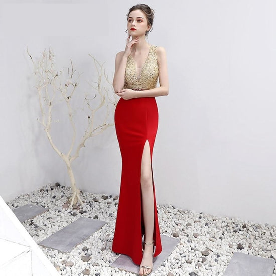 Load image into Gallery viewer, V-Neck  Floor-Length  Trumpet / Mermaid  Red Gold Prom Pageant Dress - TulleLux Bridal Crowns &amp;amp;  Accessories 
