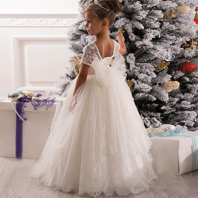 White Ivory Flower Girl Dress Pageant Birthday Formal Party Lace Ball Gown - TulleLux Bridal Crowns &  Accessories 