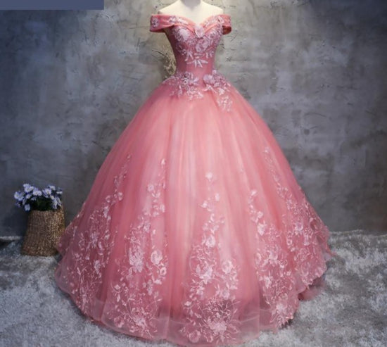Pink Fashion Quinceañera Formal Off The Shoulder Floral Print Dress - TulleLux Bridal Crowns &  Accessories 