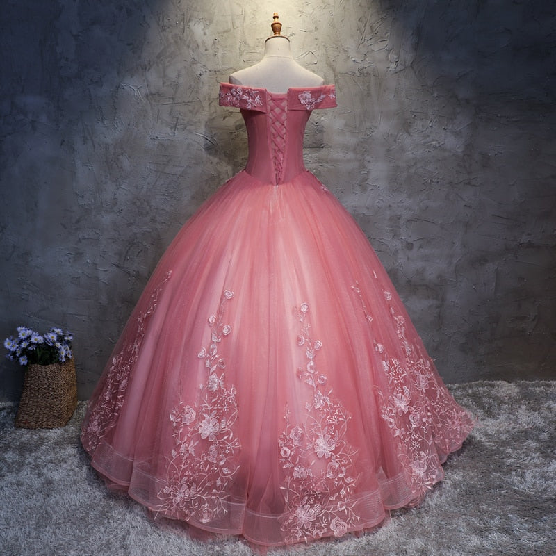 Pink Fashion Quinceañera Formal Off The Shoulder Floral Print Dress - TulleLux Bridal Crowns &  Accessories 