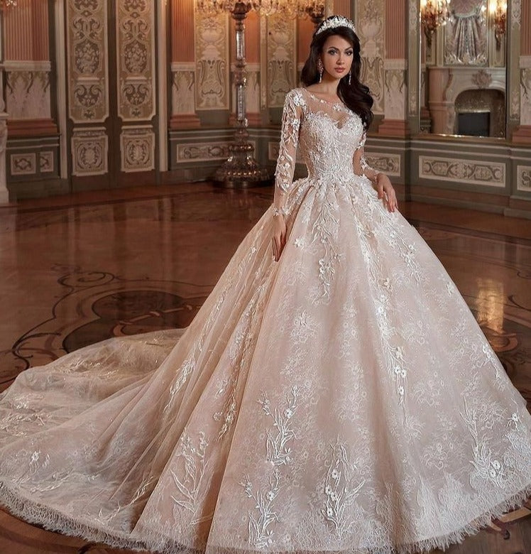 Lace Sleeve Applique Full Ball Gown with Chapel Train - TulleLux Bridal Crowns &  Accessories 