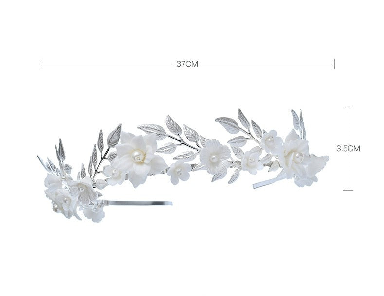 Load image into Gallery viewer, Porcelain Flower Wedding Crown Bridal Hair Tiara Silver Color Leaf Headpiece - TulleLux Bridal Crowns &amp;amp;  Accessories 
