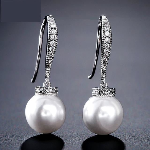 Fashion Round Simulated Pearl & Zirconia Long Drop Earrings Bridal Wedding Jewelry - TulleLux Bridal Crowns &  Accessories 