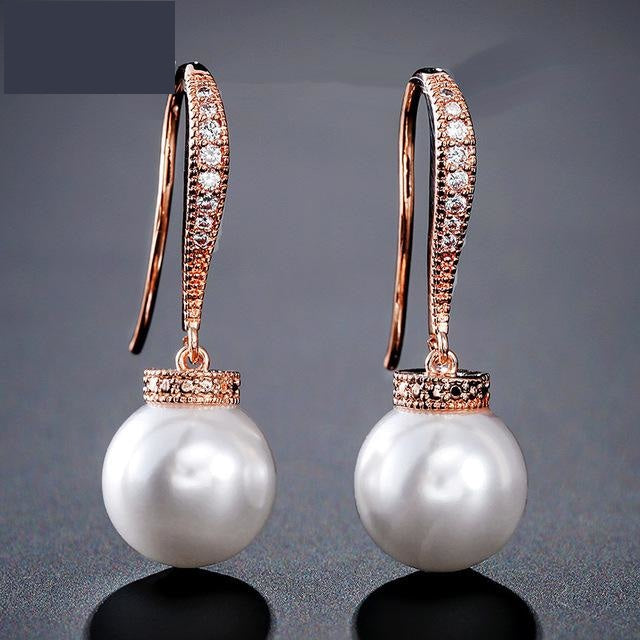 Fashion Round Simulated Pearl & Zirconia Long Drop Earrings Bridal Wedding Jewelry - TulleLux Bridal Crowns &  Accessories 